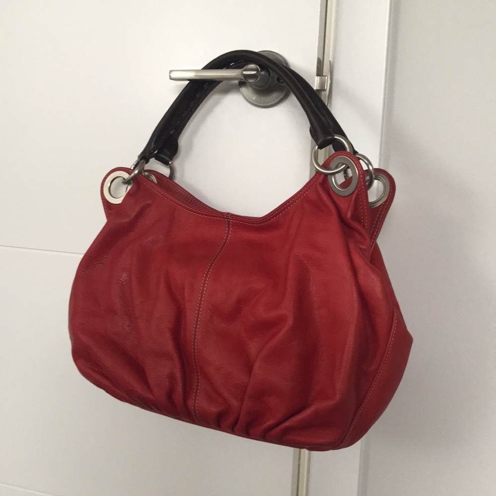 Red leather hobo bag
